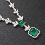 14k Gold 5.49 Ct Vivid Green Natural Emerald & Diamond Necklace