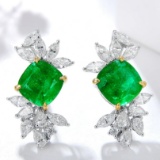 14k Gold 3.73 Ctw Vivid Green Natural Emerald & Diamond Earrings