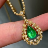 14k Gold 1.84 Ctw Vivid Green Natural Emerald & Diamond Pendant