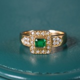 14k Gold 0.63 Ctw Vivid Green Natural Emerald & Diamond Ring