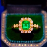 14k Gold 0.63 Ct Vivid Green Natural Emerald & Diamond Ring