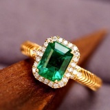 14k Gold 1.58 Ct Vivid Green Natural Emerald & Diamond Ring