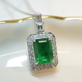 14k Gold 1.3 Ct Vivid Green Natural Emerald & Diamond Necklace