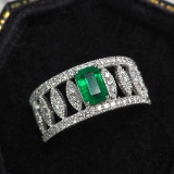 14k Gold 0.5 Ct Vivid Green Natural Emerald & Diamond Ring