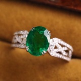 14k Gold 1.59 Ct Vivid Green Natural Emerald & Diamond Ring