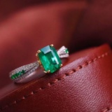 14k Gold 1.07 Ct Vivid Green Natural Emerald & Diamond Ring