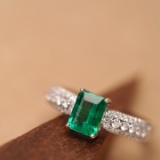 14k Gold 1.31 Ctw Vivid Green Natural Emerald & Diamond Ring