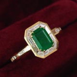 14k Gold 0.98 Ct Vivid Green Natural Emerald & Diamond Ring