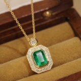 14k Gold 1.78 Ctw Vivid Green Natural Emerald & Diamond Necklace
