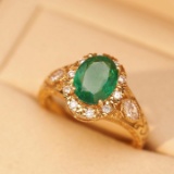 14k Gold 1.58 Ct Vivid Green Natural Emerald & Diamond Ring