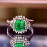 14k Gold 1.69 Ctw Vivid Green Natural Emerald & Diamond Ring