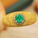 14k Gold 0.35 Ctw Vivid Green Natural Emerald & Diamond Ring
