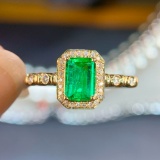 14k Gold 0.69 Ctw Vivid Green Natural Emerald & Diamond Ring