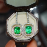 14k Gold 2.73 Ct Vivid Green Natural Emerald & Diamond Earrings