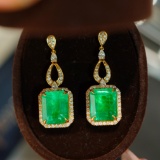 14k Gold 8.38 Ct Vivid Green Natural Emerald & Diamond Earrings