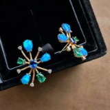 14k Gold 1.5 Ctw Vivid Blue Natural Sapphire & Emerald Earrings