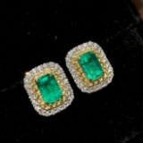 14k Gold 2 Ct Vivid Green Natural Emerald & Diamond Earrings
