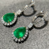 14k Gold 3 Ct Vivid Green Natural Emerald & Diamond Earrings