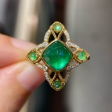 14k Gold 1.6 Ct Vivid Green Natural Emerald & Diamond Ring
