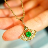 14k Gold 1 Ct Vivid Green Natural Emerald & Diamond Pendant