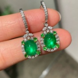 14k Gold 4 Ct Vivid Green Natural Emerald & Diamond Earrings
