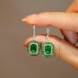 14k Gold 2.1 Ct Vivid Green Natural Emerald & Diamond Earrings