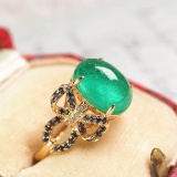 14k Gold 3.56 Ct Vivid Green Natural Emerald & Diamond & Sapphire Ring