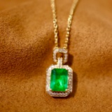 14k Gold 0.92 Ctw Vivid Green Natural Emerald & Diamond Pendant