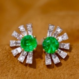 14k Gold 2.30 Ctw Vivid Green Natural Emerald & Diamond Earrings