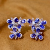 14k Gold 5.82 Ctw Vivid Blue Natural Sapphire & Diamond Earrings