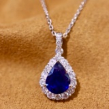 14k Gold 1.75 Ctw Vivid Blue Natural Sapphire & Diamond Pendant