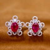 14k Gold 3.41 Ctw Vivid Red Natural Ruby & Diamond Earrings