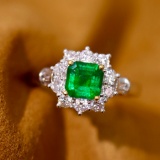 14k Gold 1.30 Ctw Vivid Green Natural Emerald & Diamond Ring