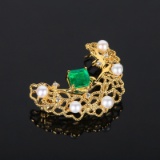 14k Gold 0.70 Ctw Vivid Green Natural Emerald & Diamond Brooch/pendant