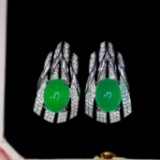 14k Gold 6.49 Ctw Vivid Green Natural Emerald & Diamond Earrings