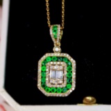14k Gold 2.41 Ctw Vivid Green Natural Emerald & Diamond Pendant