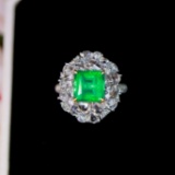 14k Gold 3.33 Ctw Vivid Green Natural Emerald & Diamond Ring