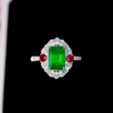 14k Gold 1.93 Ctw Vivid Green Natural Emerald & Diamond Ring