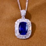 14k Gold 3.13 Ctw Vivid Blue Natural Sapphire & Diamond Pendant
