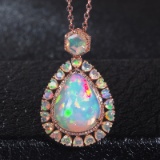 14k Gold 8.90 Ctw Natural Opal & Diamond Pendant