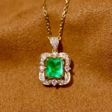 14k Gold 0.99 Ctw Vivid Green Natural Emerald & Diamond Pendant