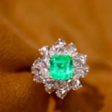 14k Gold 3.31 Ctw Vivid Green Natural Emerald & Diamond Ring