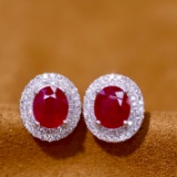 14k Gold 2.55 Ctw Vivid Red Natural Ruby & Diamond Earrings