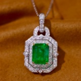 14k Gold 3.60 Ctw Vivid Green Natural Emerald & Diamond Pendant