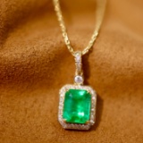 14k Gold 1.37 Ctw Vivid Green Natural Emerald & Diamond Pendant