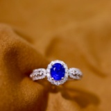 14k Gold 1.50 Ctw Vivid Blue Natural Sapphire & Diamond Ring