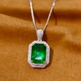 14k Gold 3.69 Ctw Vivid Green Natural Emerald & Diamond Pendant