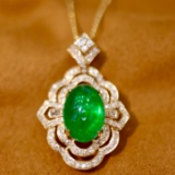 14k Gold 5.57 Ctw Vivid Green Natural Emerald & Diamond Pendant