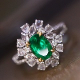 14k Gold 1.35 Ctw Vivid Green Natural Emerald & Diamond Ring