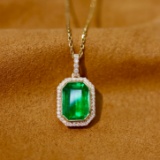 14k Gold 2.57 Ctw Vivid Green Natural Emerald & Diamond Pendant